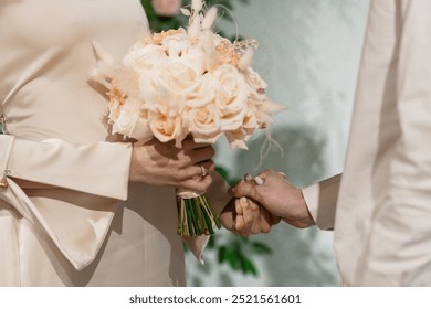 Elegant Bridal Bouquet Exchange in Soft Pastel Tones Captured During Intimate Wedding Ceremony. - Powered by Shutterstock