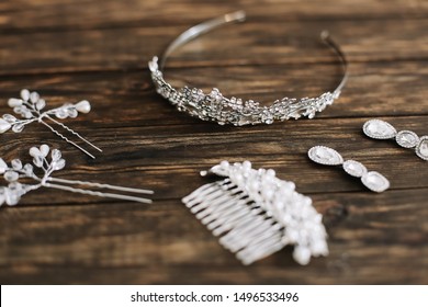 Elegant Bridal Hair Accessories. Beauty Of Wedding Accessories Indoors. Close-up Bridal Jewellery. Wedding Details