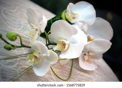 Elegant Bridal Teardrop Bouquet Of White Phalaenopsis / Moth Orchids. Wedding Flowers.