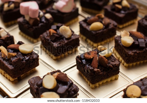 Elegant Brownies Cake Nuts Topping Decoration Royalty Free Stock