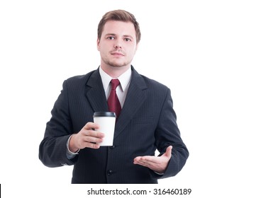 Elegant businessman advertising coffee to go isolated on white studio background