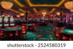 An elegant casino with colorful decor, highlighting slot machines and round gaming tables, illuminated by warm lighting from opulent chandeliers