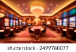 Elegant casino gaming room with a focus on a central table and surrounding slot machines. The blurred background and warm lighting create a vibrant, luxurious atmosphere perfect for high-stakes gaming