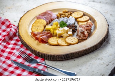 Elegant charcuterie board featuring assorted cheeses cured meats crackers fresh fruits nuts and sauces on a rustic wooden platter with a red checkered napkin and silverware.