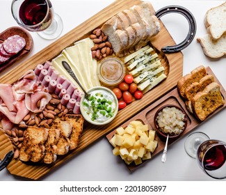 Elegant Charcuterie Board With Snacks ,cheese And Wine To Share With Many People