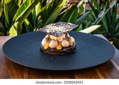 Elegant and chic dessert featuring rich chocolate biscuit base layered with smooth chocolate ganache and velvety cream. Dessert topped with scoop of ice cream, delicately balanced with thin chocolate  - Powered by Shutterstock