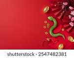 Elegant Chinese New Year celebration with a green snake, red envelopes, gold ingots, and cherry blossoms on a vibrant red background