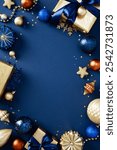 Elegant Christmas background with blue and gold decorations, including baubles, stars, and wrapped gifts. Perfect for festive holiday themes, greeting cards, and seasonal promotions