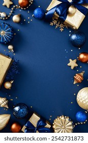 Elegant Christmas background with blue and gold decorations, including baubles, stars, and wrapped gifts. Perfect for festive holiday themes, greeting cards, and seasonal promotions