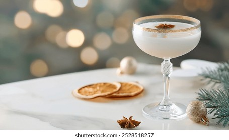 Elegant Christmas cocktail in a martini glass with festive garnish, creamy winter holiday drink on marble table, gold accents and bokeh background, stylish minimalist holiday celebrations and parties - Powered by Shutterstock