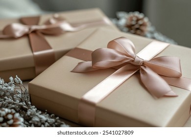 Elegant Christmas gift boxes tied with soft ribbons, creating a warm and cozy feel. Perfect for holiday celebrations and seasonal decor arrangements. - Powered by Shutterstock