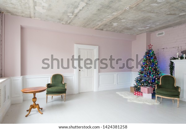 Elegant Christmas Interior Vintage Armchair Fireplace Stock Photo
