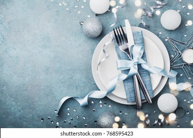 Elegant Christmas Table Setting For Holiday Dinner Top View. Empty Space For Text. Bokeh Effect