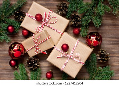 Elegant Classic Christmas Background Card For Holidays. Christmas Gift Box With Decoration. Top View