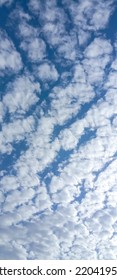 Elegant Cloudy Blue Sky Texture, Wallpaper Background. Beautiful Deep Blue Sky With Rounded Small Soft White Clouds In Day. Altocumulus Clouds (Small Rows Of Fluffy Ripples). No Focus