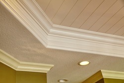 Elegant Coffered Ceiling And Crown Molding, Low Angle View