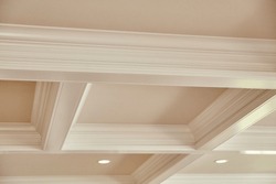 Elegant Coffered Ceiling Design And Modern Lighting In Upscale Interior