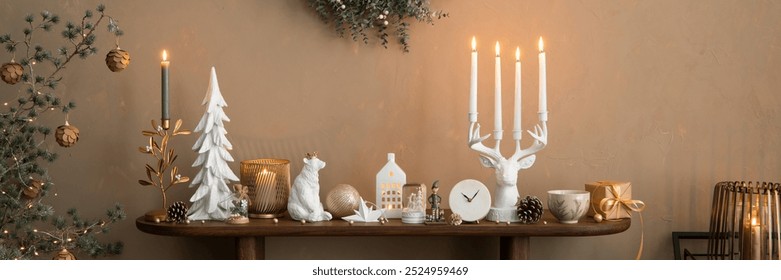 Elegant composition of christmas living room interior with wooden console, stylish wreath, deer candlestick with candle, clock, christmas tree, gifts and personal accessories. Home decor. Template. - Powered by Shutterstock