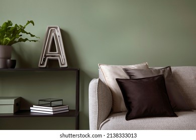 Elegant Composition Of Living Room Interior. Modern Sofa, Design Pillows, Metal Shelf And Creative Personal Accessories. Sage Green Wall. Template. Copy Space. 