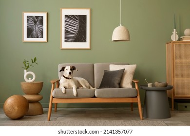 Elegant Composition Of Living Room Interior. Modern Scandi Sofa, Dog, Side Table And Creative Personal Accessories. Sage Green Wall. Template. Copy Space. 