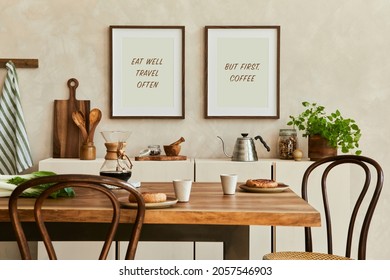 Elegant composition of stylish dining room intrerior with mock up poster frames, beige sideboard, family dining table, plants and vintage personal accessories. Copy space. Template. Autumn vibes. - Shutterstock ID 2057546903