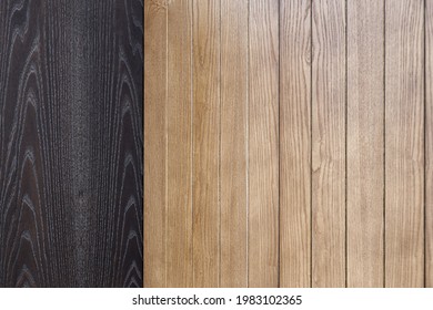 Elegant contemporary wainscoting made of toned light and black ash lumber planks as textured background for design close view