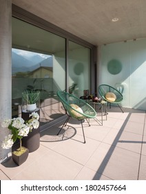 Elegant Corner Of A Terrace Of A Modern House With Two Armchairs And A Chinese Tea With Two Cups. Sunny Summer Day