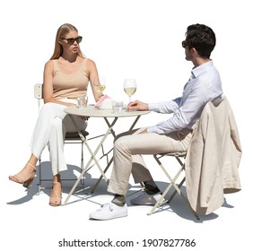 Elegant couple sitting in a street café and drinking white wine, isolated on white background