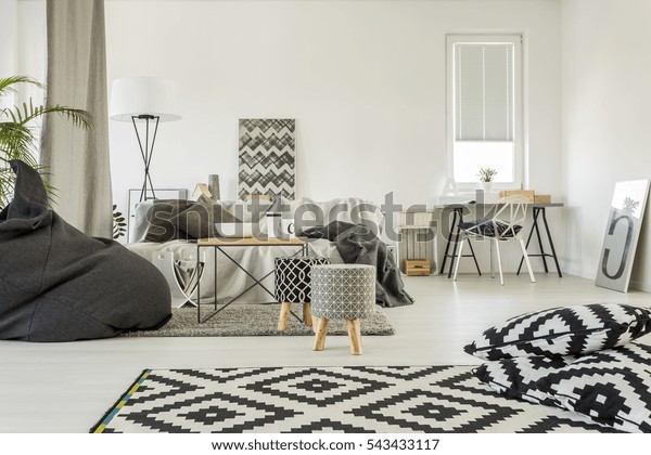 Elegant Cozy Black White Spacious Bedroom Stock Photo Edit