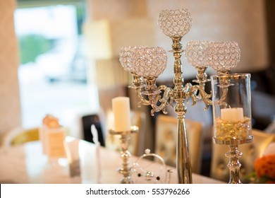 The Elegant Crystal Candlestick Decorated With White Candles In Dinning Room, Wedding Aniversary