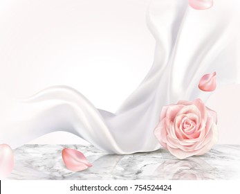 Elegant decorative background, roses petal and pearl white chiffon elements on marble table  - Shutterstock ID 754524424