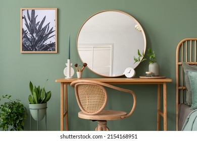 Elegant details of modern interior design with wooden sideboard, bed, mirror, painting and stylish personal accessories. Green wall. Mock up poster. Template.