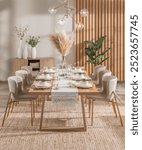 Elegant dining room featuring a Mid-Century Modern style with a wooden table set for a meal, ceramic white plates, woven placemats, and decorative vases. The warm autumn atmosphere, neutral chairs.