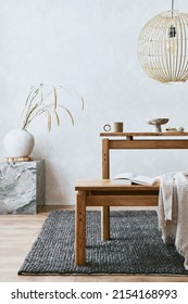 Elegant Dining Room Interior Composition With Wooden Dining Table, Bench And Design Home Decorations And Personal Accessories. Modern Home Staging. Wabi Sabi Inspiration. Template. 
