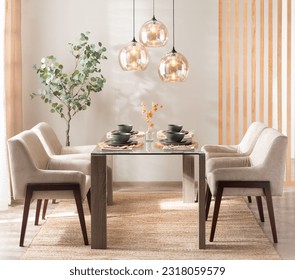 An elegant dining room with a wooden table and five chairs arranged around it - Powered by Shutterstock