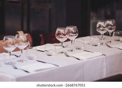 Elegant dining setup featuring exquisite glassware and polished silverware at a charming outdoor bistro during a sunny afternoon