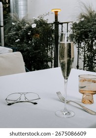 Elegant dining table setting with drinks and glasses in a serene outdoor space