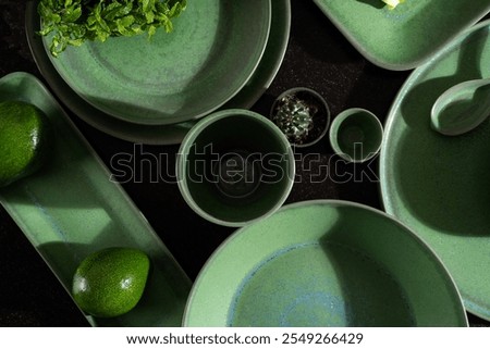 Elegant dining table setups featuring green ceramic tableware in various styles, perfect for modern, minimalist, and nature-inspired home decor and dining themes.