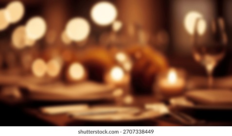 Elegant dinner table setting with soft candlelight and blurred bokeh lights creates a warm, inviting atmosphere.