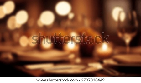 Elegant dinner table setting with soft candlelight and blurred bokeh lights creates a warm, inviting atmosphere.