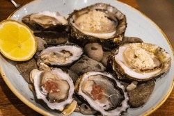 Elegant Display Of Fresh Oysters On A Stony Plate