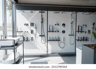 Elegant Display of Modern Bathroom Fixtures in Sunlit Showroom. - Powered by Shutterstock - Get 15% off with code: PIKWIZARD15