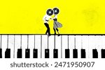 Elegant dressed couple dancing on top of grand piano against bright yellow background. Contemporary art collage. Concept of music, performance, festival. Pop art. Creative design.