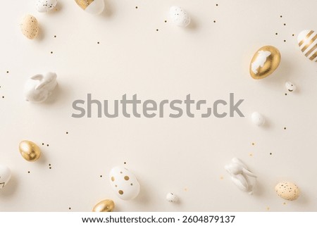 Elegant Easter background featuring gold and white eggs along with rabbit figurines styled in a minimalistic pattern, ideal for seasonal celebrations and greetings