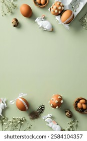Elegant Easter flat lay composition with decorated brown eggs, ceramic bunnies, and flowers on a light green background.
