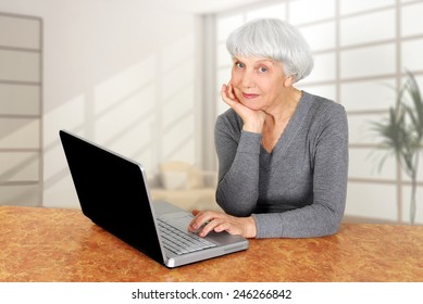 Elegant Elderly Senior Woman Using Laptop Computer Communicates At Home