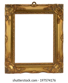 Elegant empty vintage golden frame with symmetrical floral ornaments and hanger, isolated on white background - Shutterstock ID 197574176