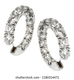Elegant expensive diamond hoop earrings set with twin rows of faceted gemstones set in silver or platinum as a stylish accessory for pierced ears over white
