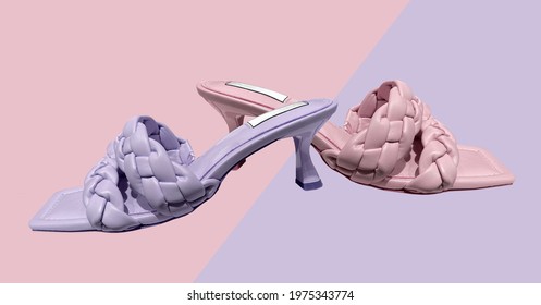 Elegant fashionable summer leather high-heel sandals with braided strap on the front. Square toe. stylish women's sandals. Composition of clothes. Summer Sale. Stylish female shoes. Trendy clothes