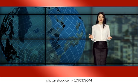 Elegant female newscaster  in white blouse and black skirt telling news in tv studio